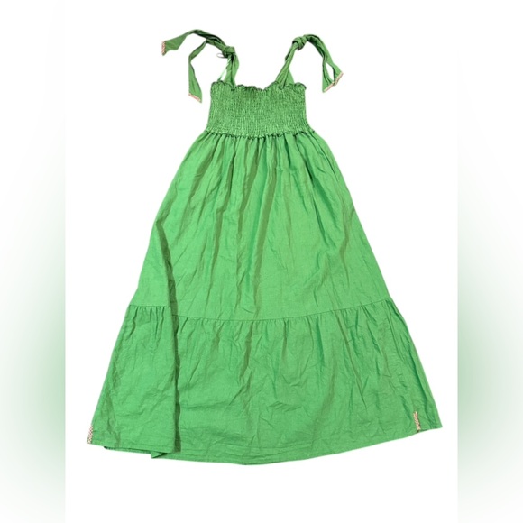 Caryn Lawn Tie Strap Linen Blend GreenMaxi Dress With Pink Detail One Size - Picture 4 of 8